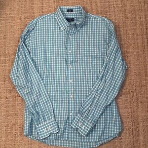 Peter Millar Aqua Turquoise White Check Plaid Button Down Shirt L Flex Finish